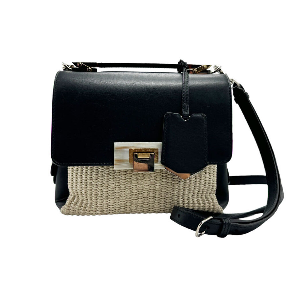 Balenciaga Le Soft Cartab Shoulder Bag Leather Raffia Black Beige - Picture 1 of 4